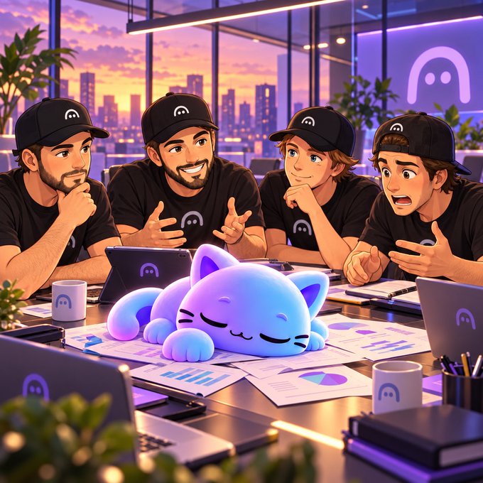 An anime-style digital illustration depicting four young men in black caps and t-shirts with ghost logos sitting around a desk with papers, laptops, and a cute sleeping purple cat figurine.