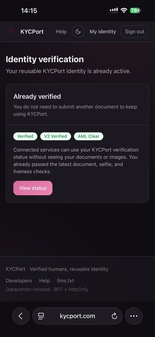 A mobile screenshot of the KYCPort identity verification page on kycport.com shows a user is "Already verified" with badges for Verified, V2 Verified, and AML Clear, indicating their reusable KYC identity remains active and they do not need to resubmit documents, which contrasts with the post's concern about users losing verified status and access to claim their SDA tokens.