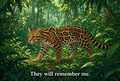 AI-generated image of an ocelot or small spotted wildcat walking through a lush green jungle, with the caption 'They will remember me.' displayed at the bottom.