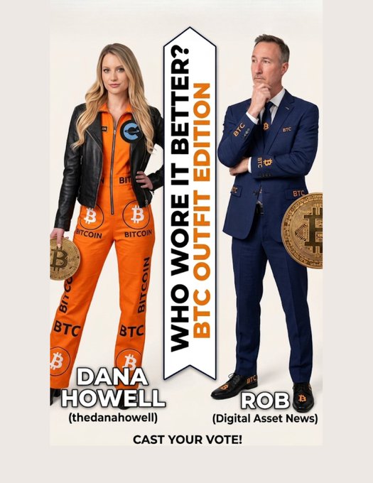 A 'Who Wore It Better?' meme featuring Dana Howell in a Bitcoin-themed orange jumpsuit on the left and Rob from Digital Asset News in a navy Bitcoin suit on the right.