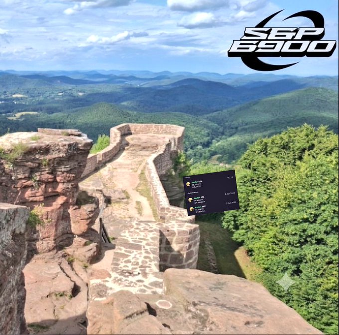 A scenic view of Wegelnburg castle ruins atop a rocky overlook in Germany's Palatinate Forest, overlaid with a DCA tracker showing SPX6900 crypto purchases and the "SBP 6900" logo in the corner.