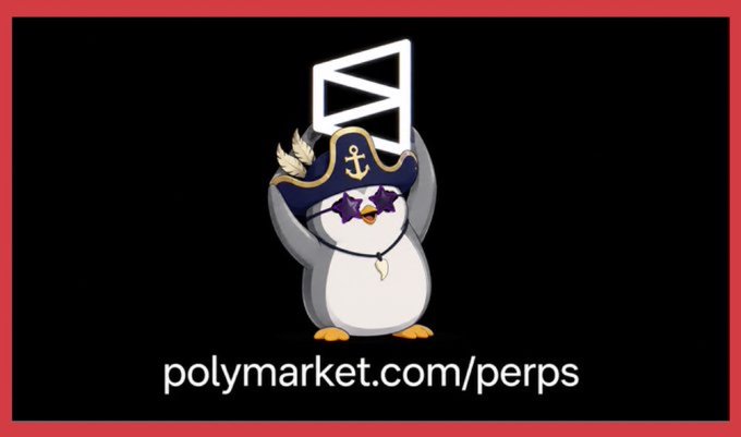 A Polymarket advertisement featuring a cartoon penguin wearing a pirate hat and star-shaped sunglasses with the URL "polymarket.com/perps" displayed below.
