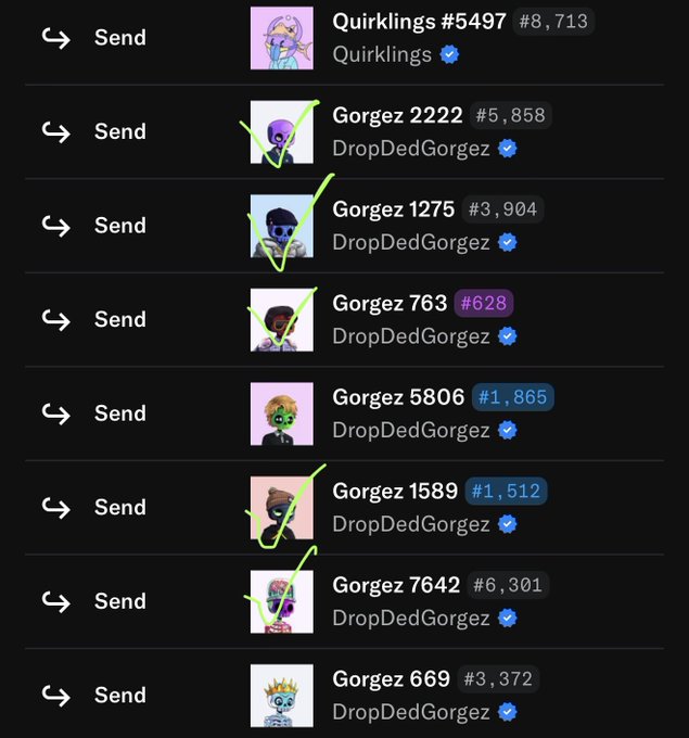 A screenshot of a NFT collection on a digital wallet showing recovered "DropDedGorgez" and "Quirkings" NFTs, with green checkmarks indicating successfully retrieved items from the community that helped recover them after a Discord scam.