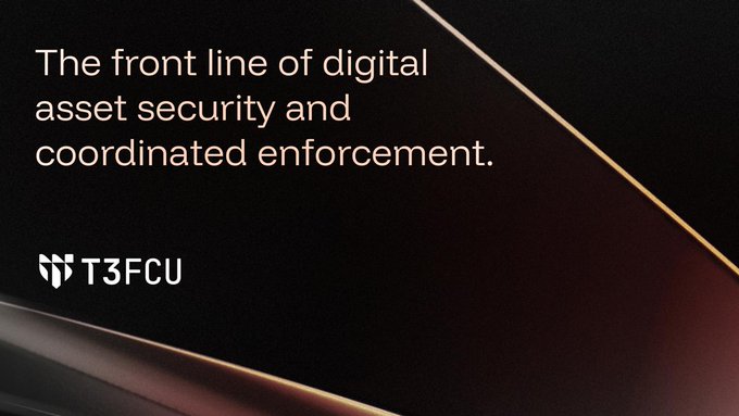 The image features a black background with white text that reads "The front line of digital asset security and coordinated enforcement". The text is centered, making it easy to read. Below this, there's an image of a brown line going from left to right across the top of the image. At the bottom of the image, there are two lines - one black and one white. The first line reads "Good to see @T3_FCU making this work easier to follow." This message is written in all capital letters, which makes it stand out against the black background. Below that, there's a smaller text that says "Check it out below".