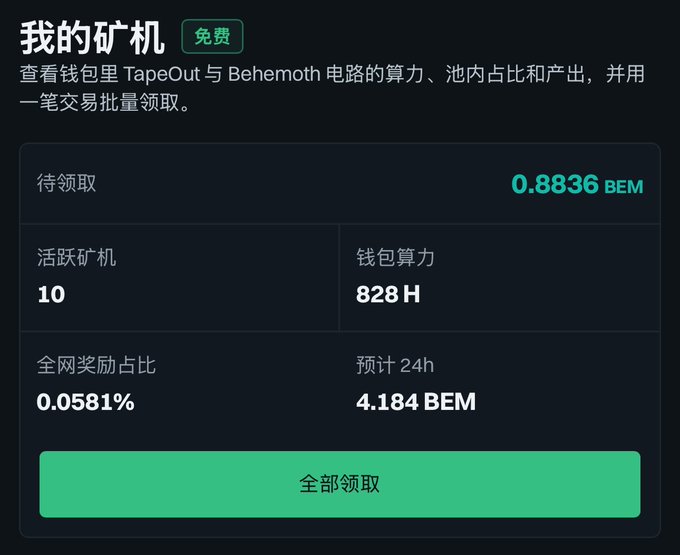 A Chinese-language mining dashboard titled "我的矿机" (My Mining Machine) displays 0.8836 BEM pending earnings from 10 active miners, with 828 H wallet hashrate and a claimed 0.0581% network reward share, presented by Xu Ke as evidence of her involvement in cryptocurrency mining operations.