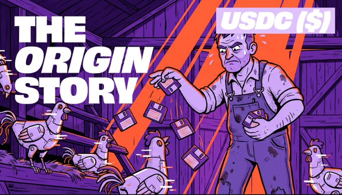 The image features a cartoon man holding a bunch of floppy discs (DVDs) while surrounded by chickens. The text "The Origin Story" appears above him, and there are several birds scattered around the scene. The overall atmosphere suggests that this is an advertisement or promotional material for DVDs or a related product.