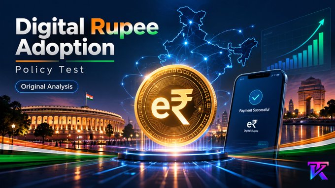 A digital promotional graphic featuring a golden "e₹" coin at its center, flanked by India's Parliament building on the left and a smartphone displaying a "Payment Successful" notification on the right, with a map of India in the background. The text reads "Digital Rupee Adoption – Policy Test – Original Analysis," visually reinforcing the article's theme of India's CBDC transitioning from a technology pilot to a national policy priority under Finance Minister Nirmala Sitharaman's push for wider adoption.