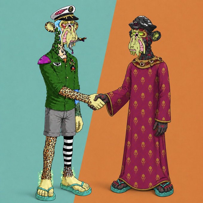 A colorful cartoon illustration of two grotesque zombie-like characters in a green military uniform and a red robe shaking hands against a split teal and orange background.