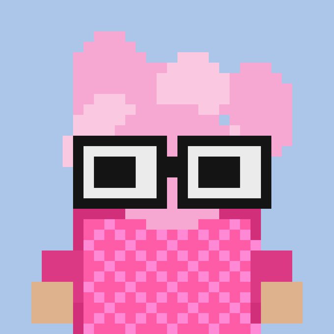 A pixel-art style illustration depicts a character with fluffy pink hair, large black square glasses, and a pink checkered shirt against a light blue background.