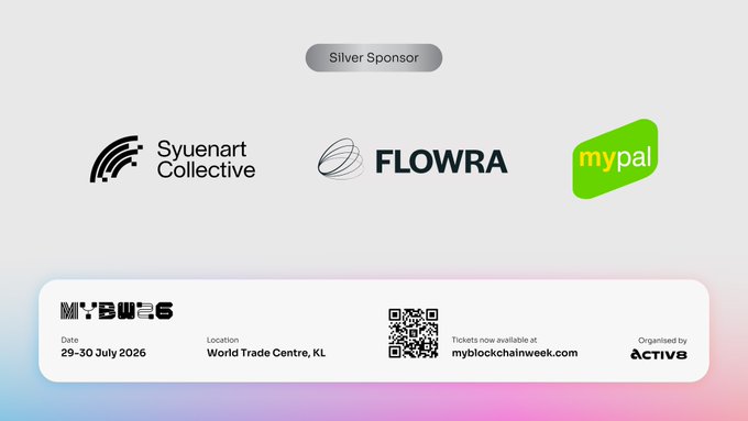 A promotional graphic for MYBW6 (My Blockchain Week) showing silver sponsors Syuenart Collective, FLOWRA, and mypal, with event dates 29-30 July 2026 at World Trade Centre, KL, and tickets available at myblockchainweek.com.