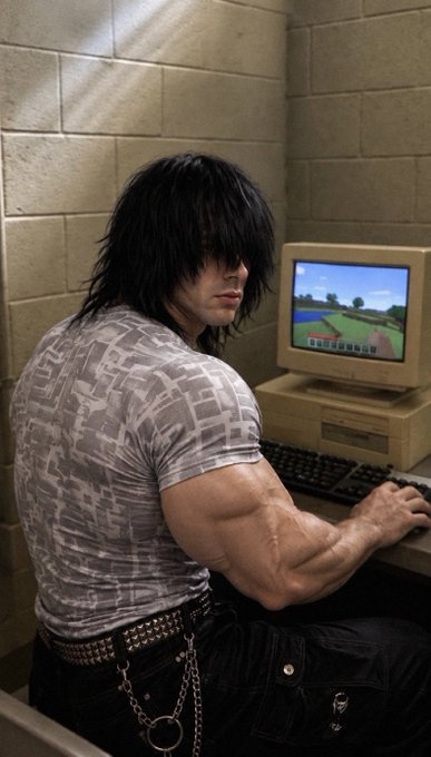 A muscular man with long black emo-style hair, wearing a gray graphic t-shirt and black jeans with a studded belt and wallet chain, sits at an old beige CRT computer displaying what appears to be a Minecraft game.