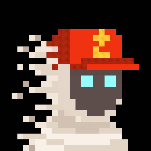 A pixel art illustration of a ghost-like figure wearing a red cap with the yellow number '2' on it, depicted against a black background with a dissolving trail effect.