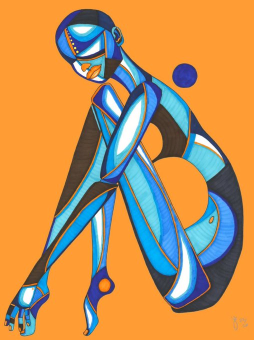A stylized digital illustration depicts a contorted figure rendered in blue tones with orange outlines, crouched against a vibrant orange background with a blue sphere floating nearby. The artwork, titled "Ebony Warrior Part 3," is part of the Blue11 Collection and represents a 1/1 NFT by Jillian Suzanne.