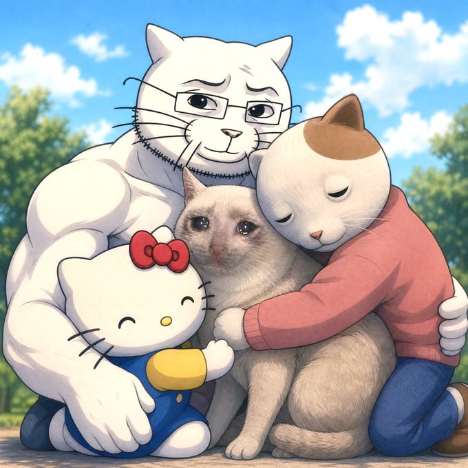 The image shows a group hug between Hello Kitty, a bespectacled white cat, a brown-and-white cat in a pink sweater, and a real-life kitten in the center, symbolizing unity and warmth—fitting for a post celebrating a bullish "cat cycle" in meme coins with tickers like $CASHCAT, $KITTY, $KET, and $CATJAK promising billions in gains.