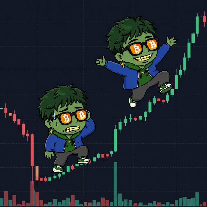 A cartoon illustration depicting two green-skinned characters with Bitcoin-symbol sunglasses against a candlestick price chart; the left character looks stressed at a market dip, while the right character jumps joyfully at an upward price trend.