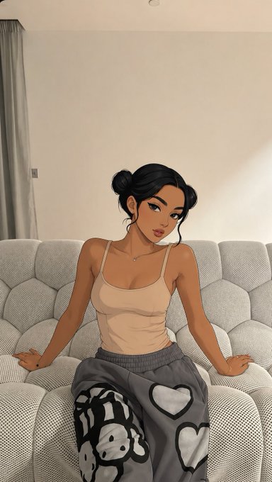 An illustrated portrait of a young woman with dark hair in buns, wearing a beige tank top and grey skull-print sweatpants, sitting on a white tufted sofa.