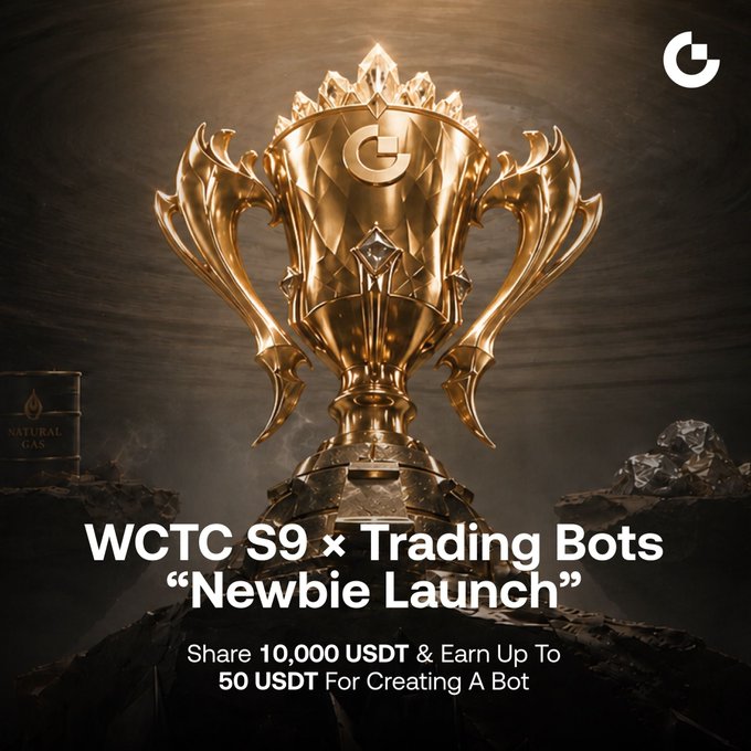 A golden championship-style trophy with a "G" logo sits prominently on rocky terrain with a "Natural Gas" barrel visible in the background. The text reads "WCTC S9 × Trading Bots - 'Newbie Launch'" offering users to "Share 10,000 USDT & Earn Up To 50 USDT For Creating A Bot," directly promoting the trading bot rewards program mentioned in the post.