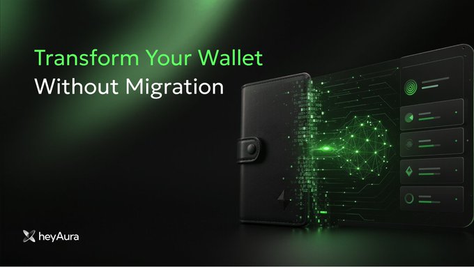 A promotional graphic for 'heyAura' features an open digital wallet with glowing green circuit-board patterns and the tagline 'Transform Your Wallet Without Migration'.