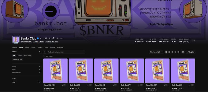 The image features a poster or advertisement with five images side by side, each showcasing different aspects of Bankr Club NFTs at varying denominations of 0.5 ETH, 1 ETH, 2 ETH, 3 ETH, 4 ETH, 8 ETH, 12 ETH, 18 ETH, 25 ETH, 50 ETH, 100 ETH and 200 ETH respectively, accompanied by the text "Bankr club NFT's". 
The image also shows a screenshot from a website showing an inventory of items for sale on their platform. It is not possible to determine the exact position or angle of this screenshot in relation to the main poster without additional context.