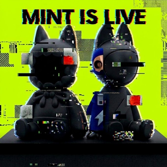 Two stylized black cat-like NFT figures with glitch effects are displayed against a bright green background, with one featuring a wide toothy grin and the other in a blue suit with a lightning bolt design, under the bold text "MINT IS LIVE" — promoting the drop of the "Eyzen Biterz" NFT collection on OpenSea.