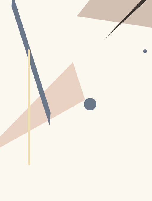 An abstract minimalist composition featuring pale pink triangles, gray and yellow line segments, and small gray dots against a cream background.