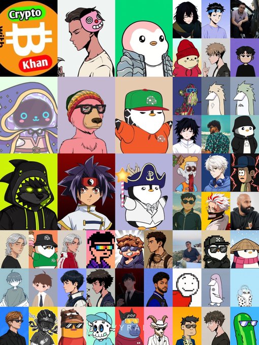 A vibrant collage showcasing various male web3 creators and characters, prominently featuring "Crypto with Khan" in the top-left corner alongside diverse illustrated and photographic portraits of artists, NFT personalities, and animated figures in a grid format. The image serves as a visual lineup for fans to choose their favorite creator from the web3 community.