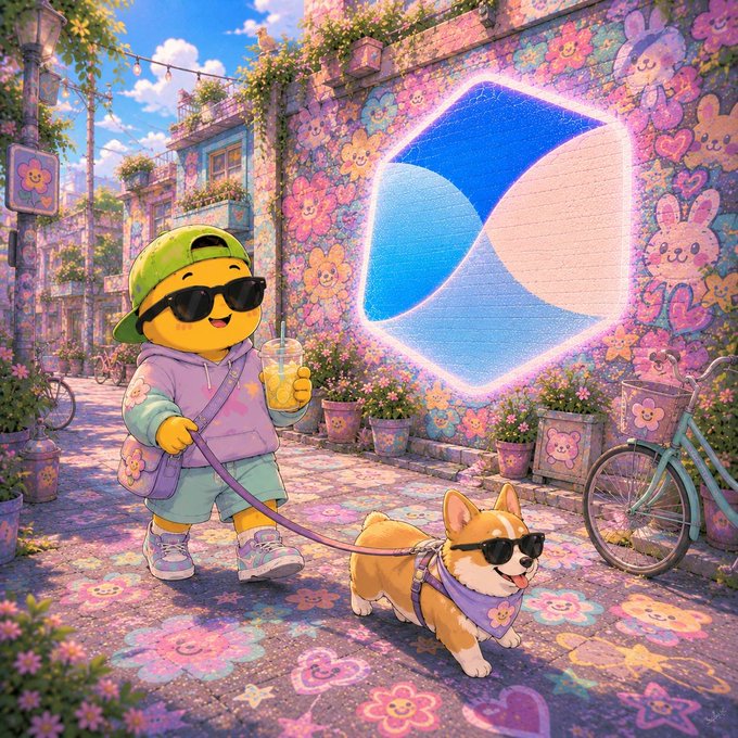 A cheerful cartoon character in a purple hoodie and green cap walks a corgi wearing sunglasses down a flower-painted street beside a glowing blue cube mural. The playful, dreamy scene mirrors the post's message about a brief window before TMX's Aug 25 launch, when creators must share their take on @TermMaxFi without a live token chart shaping sentiment.