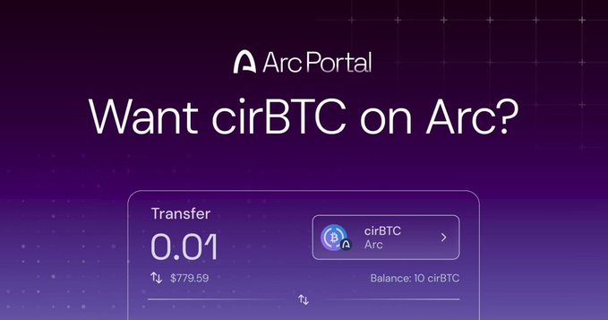 A digital interface screenshot for 'Arc Portal' asking 'Want cirBTC on Arc?' showing a transfer amount of 0.01 cirBTC.