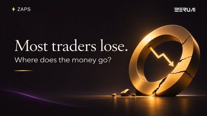 A dark promotional graphic with the logos "ZAPS" and "BERUMI" reads "Most traders lose. Where does the money go?" beside a cracked gold coin with a downward arrow.