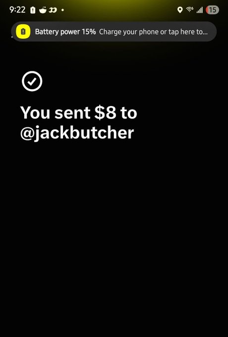 A successful transaction screen from X Money confirming "You sent $8 to @jackbutcher," illustrating the user's claim of making their first mint on X Money by sending $8 to Jack Butcher.