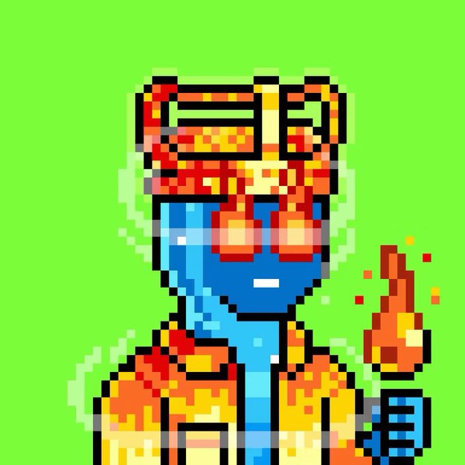 Pixel art character with blue skin, wearing red sunglasses and a fiery orange/yellow outfit, holding up a single finger with a flame effect on a bright green background.