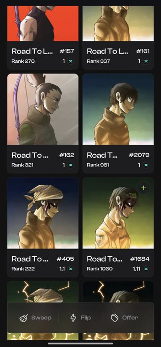A mobile app screen displaying a grid of 'Road To...' character cards with ranks and trade options including Sweep, Flip, and Offer at the bottom.