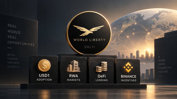 This image depicts the "World Liberty $WLFI" coin, surrounded by icons representing "USD1 Adoption", "RWA Markets", "DeFi Lending", and "Binance Incentives", illustrating the growing catalysts for the $WLFI ecosystem.