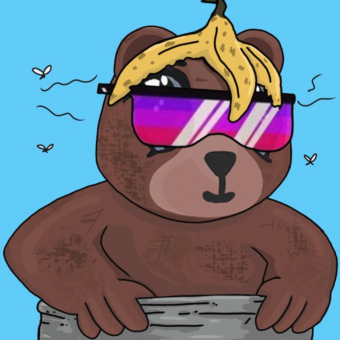 A cartoon bear wearing neon purple and pink sunglasses with a banana peel perched on its head sits in a tub of water, surrounded by flies. The goofy, "dumpster-diving bear" visual humorously ties to the post's mention of "Dumpstr," a Solana-based protocol for buying discounted tokens and profiting from arbitrage.