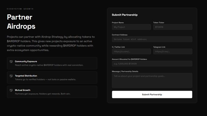 A website screenshot for 'Ecosystem Growth Partner Airdrops' on Airdrop Strategy, featuring a 'Submit Partnership' form with fields for Project Name, Contract Address, Social Links, and Token Amount.
