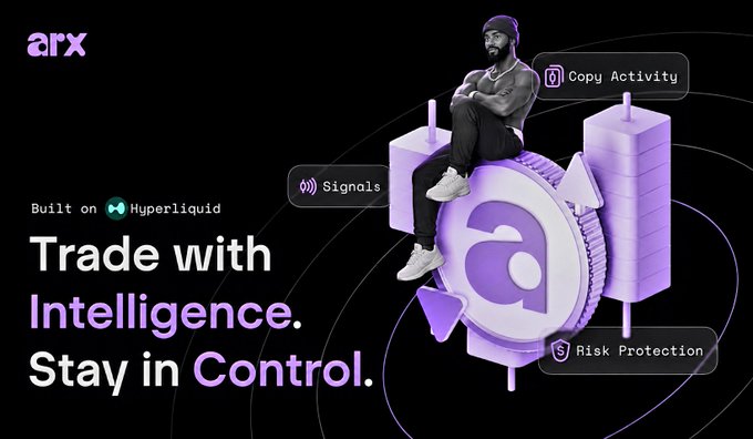 An advertisement for 'arx' with the tagline 'Trade with Intelligence. Stay in Control.', featuring a man sitting on a coin with labels 'Copy Activity', 'Signals', and 'Risk Protection', noting it is 'Built on Hyperliquid'.