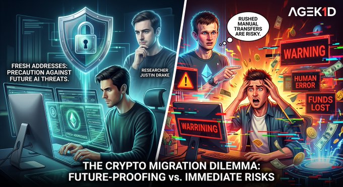 An illustrated graphic titled 'THE CRYPTO MIGRATION DILEMMA: FUTURE-PROOFING vs. IMMEDIATE RISKS' from AGEKID, contrasting secure crypto research with warnings about manual transfers and lost funds.
