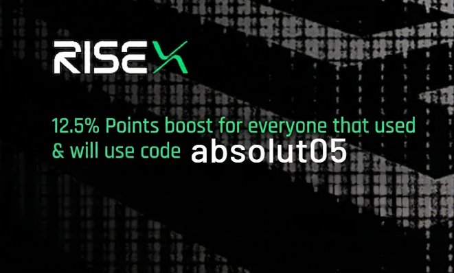 A promotional graphic with the "RISE X" logo on a black plaid background, advertising a '12.5% Points boost' for anyone who uses the code 'absolut05'.