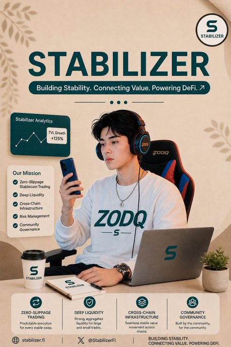 A promotional poster for 'STABILIZER' featuring a young man at a desk with a laptop and smartphone, with text including 'Building Stability, Connecting Value, Powering DeFi', 'ZODQ', 'Stabilizer Analytics TVL Growth +125%', and social handles @StabilizerFi / stabilizer.fi.