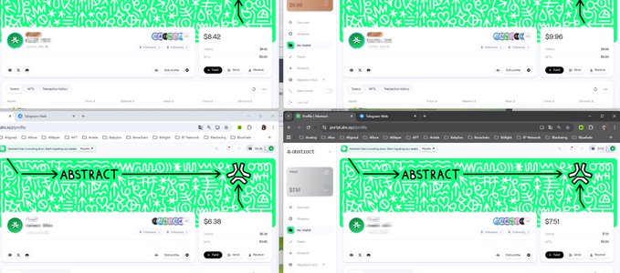 A four-panel screenshot collage showing browser windows with a green abstract patterned overlay and arrows pointing to "ABSTRACT" labels, displaying various product pages.