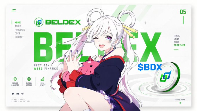 A promotional graphic for 'BELDEX' featuring an anime-style character alongside the text 'NEXT GEN WEB3 FINANCE,' '$BDX,' and navigation links including HOME, ABOUT, PRODUCTS, DOCS, and CONTACT.
