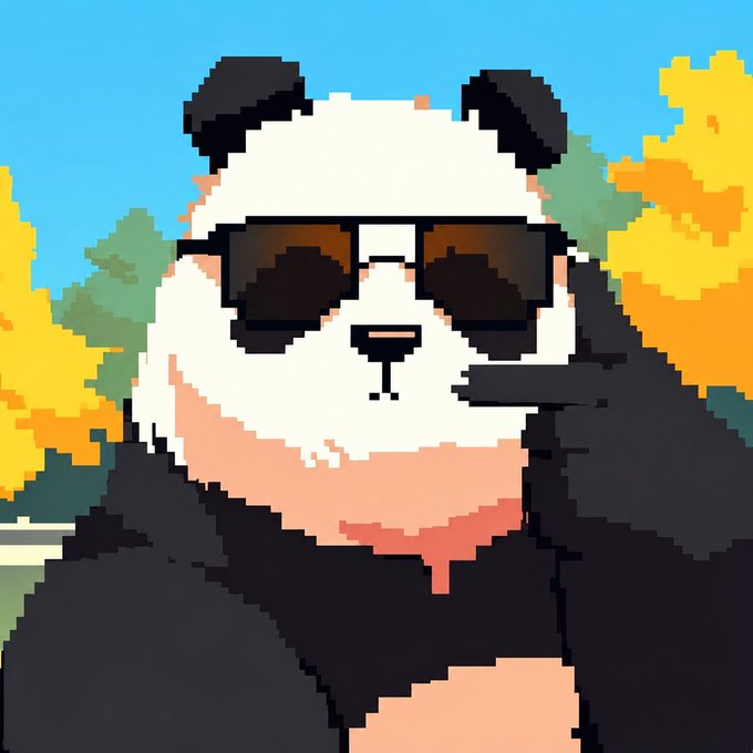 A pixel art image of a panda wearing sunglasses and a black jacket, giving a middle finger gesture against a background of yellow and green trees.