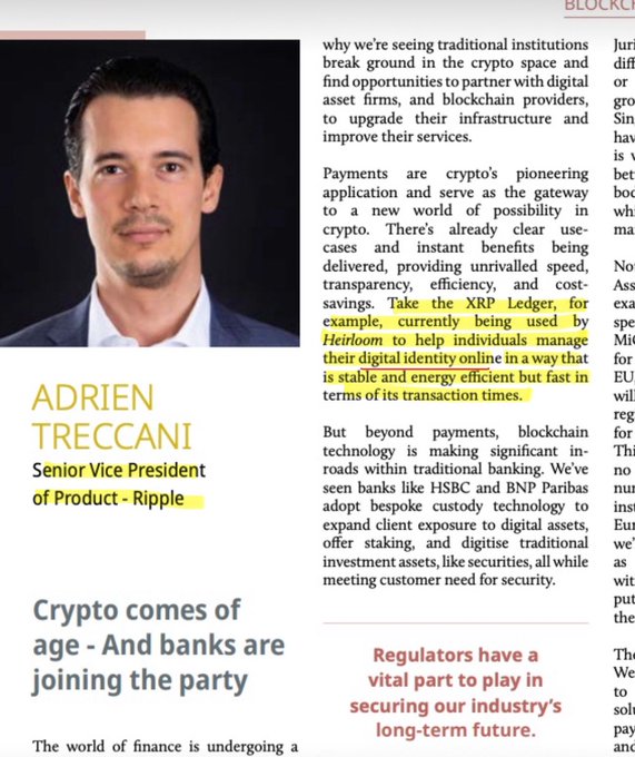 The image shows a magazine article featuring Adrien Treccani, Senior Vice President of Product at Ripple, alongside a headline titled "Crypto comes of age - And banks are joining the party." The article includes a highlighted passage noting that the XRP Ledger is currently being used by Heirloom to help individuals manage their digital identity online in a stable, energy-efficient manner during times of transaction volatility. This directly supports the accompanying post about the XRP Ledger's real-world application in digital identity management.