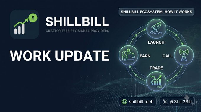 A promotional graphic for "SHILLBILL" titled "WORK UPDATE," explaining the ecosystem cycle of LAUNCH, EARN, TRADE, and CALL, with the website shillbill.tech and the handle @Shill2Bill.
