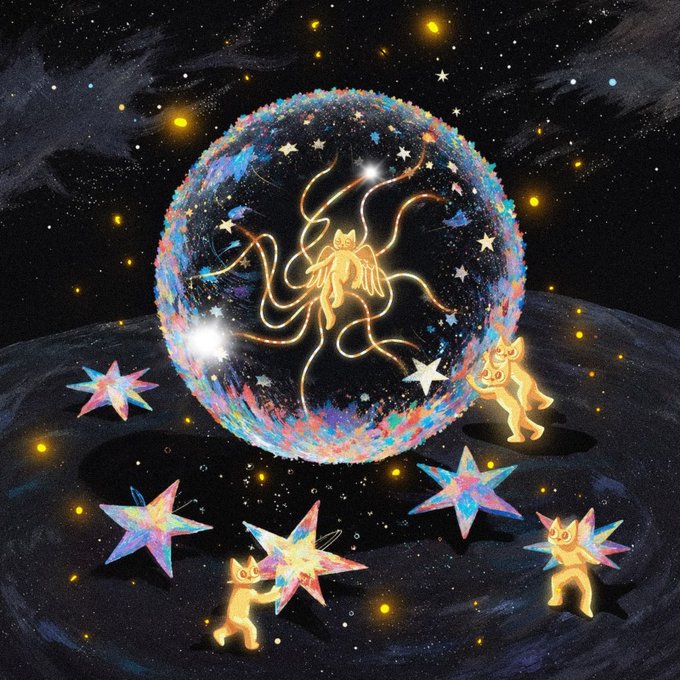 A colorful, dreamlike digital painting depicts a cosmic scene featuring a glowing owl figure enclosed within a transparent sphere, surrounded by golden humanoid cat figures and iridescent stars against a starry night sky.