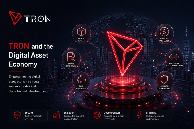 A promotional banner for TRON cryptocurrency highlights 'TRON and the Digital Asset Economy,' featuring the red TRON logo surrounded by features like Digital Assets, Smart Contracts, and DApps.