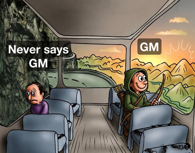 A cartoon image showing a bus interior with two passengers: one labeled 'Never says GM' looking sad while viewing a rocky landscape, and another archer labeled 'GM' smiling at a sunny scenery.