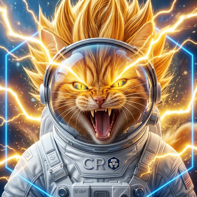 Digital art of a fierce, roaring orange cat with 'Super Saiyan' style hair wearing a white astronaut suit with a 'CR' logo, surrounded by yellow lightning and a blue hexagonal frame.