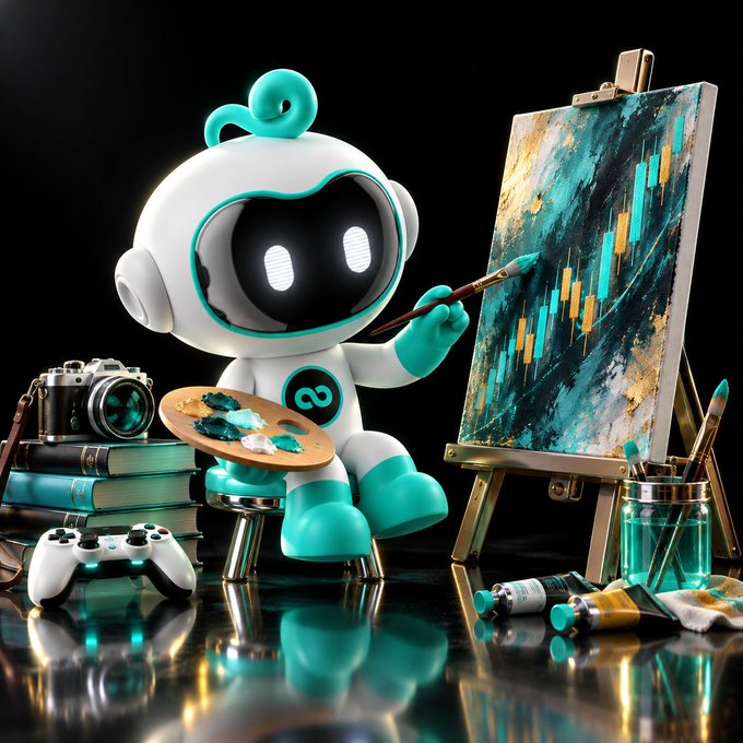 A 3D-rendered teal and white robot character with a glowing visor painting on an easel, surrounded by art supplies, books, a camera, and a game controller.