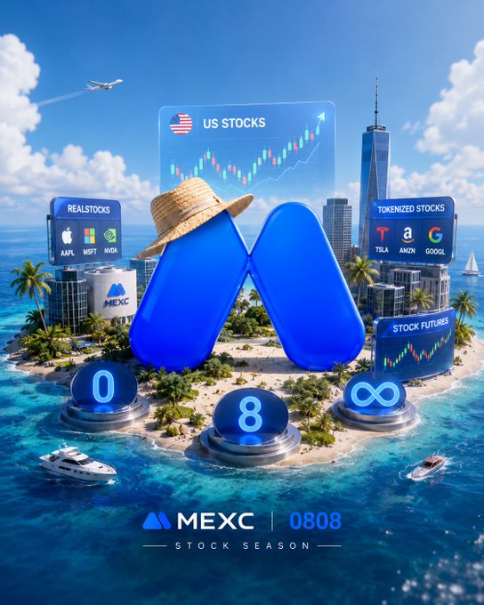 The image showcases a vibrant tropical island scene featuring a large blue "M" logo wearing a straw hat, surrounded by digital billboards displaying "US STOCKS" charts with tickers like AAPL, MSFT, NVDA, AMZN, and GOOGL, alongside banners for "REALSTOCKS," "TOKENIZED STOCKS," and "STOCK FUTURES," with "MEXC | 0808 STOCK SEASON" branding at the bottom. The promotional visual ties directly to the post by highlighting MEXC's expanded US market offerings—including 7,000+ RealStocks, stock futures, and tokenized equities—all unified within one platform under the "0808 Stock Season" campaign.